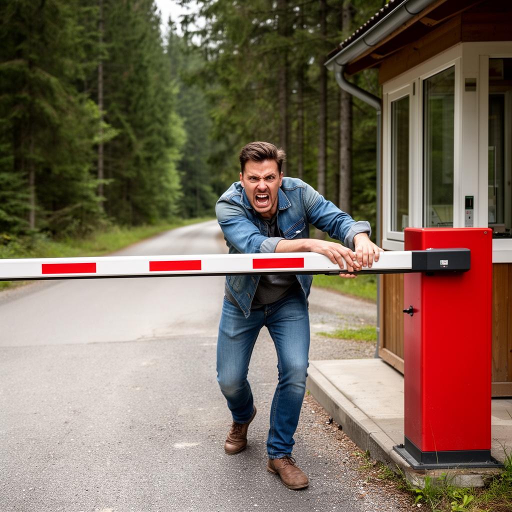 Turhautunut autonkuljettaja puomin kohdalla